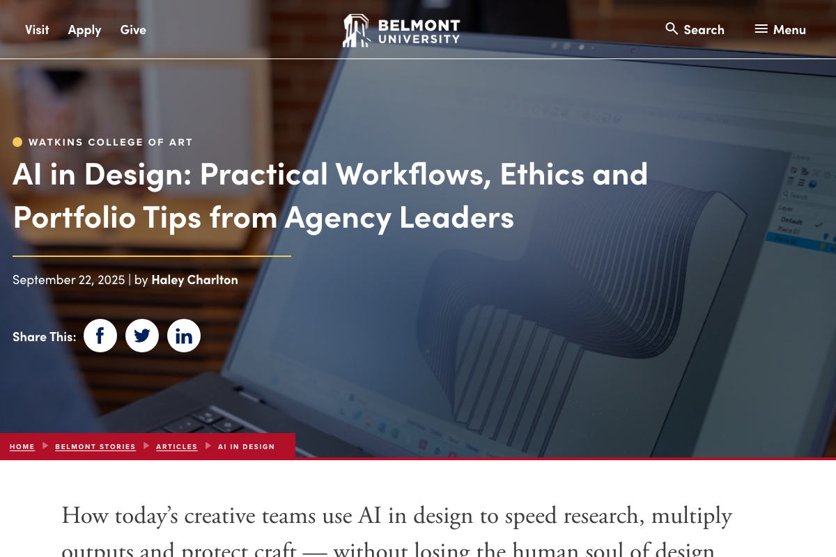 Captura del artículo de Belmont University: AI in Design