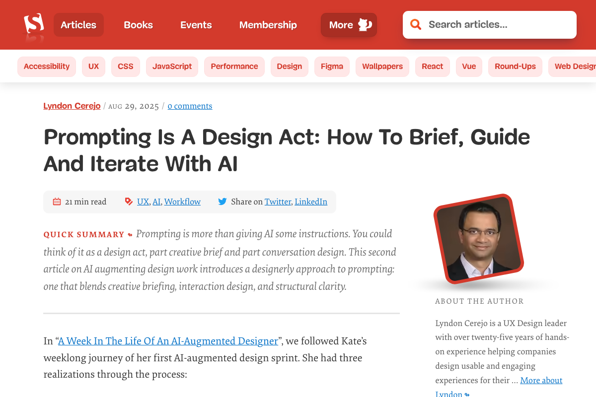 Captura del artículo de Smashing Magazine: Prompting Is A Design Act